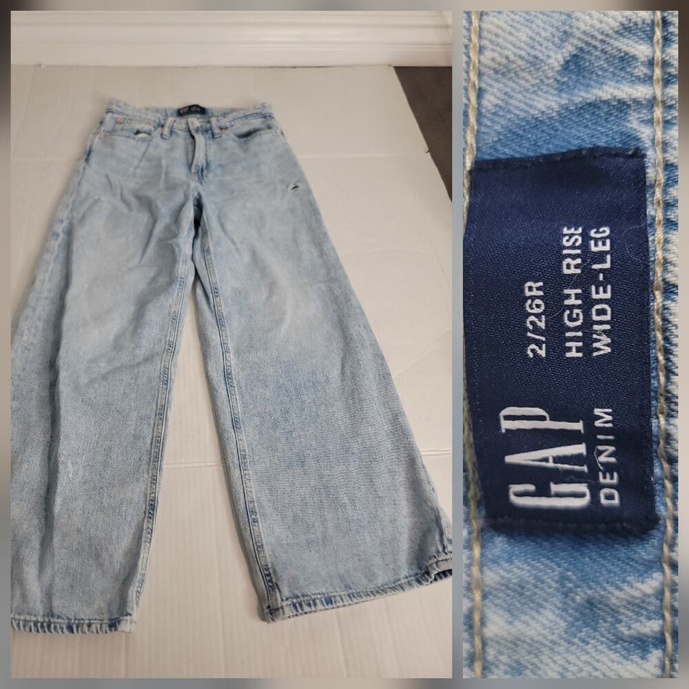 GAP Jeans Womens Sz 26 High Rise Straight Wide Leg distressed 100% Cotton Rigid